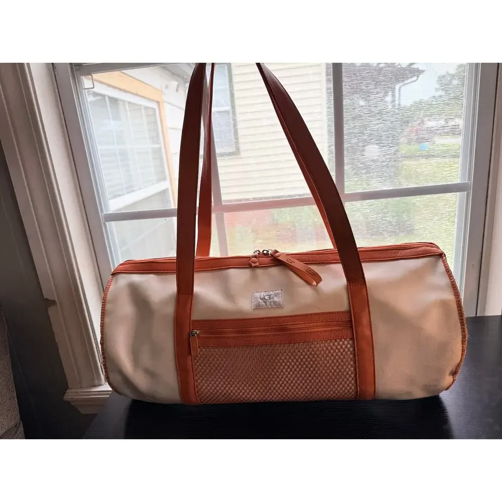 UGG Australia Orange Cream Coated Canvas Faux Leather Barrel Duffel Y2K Bag